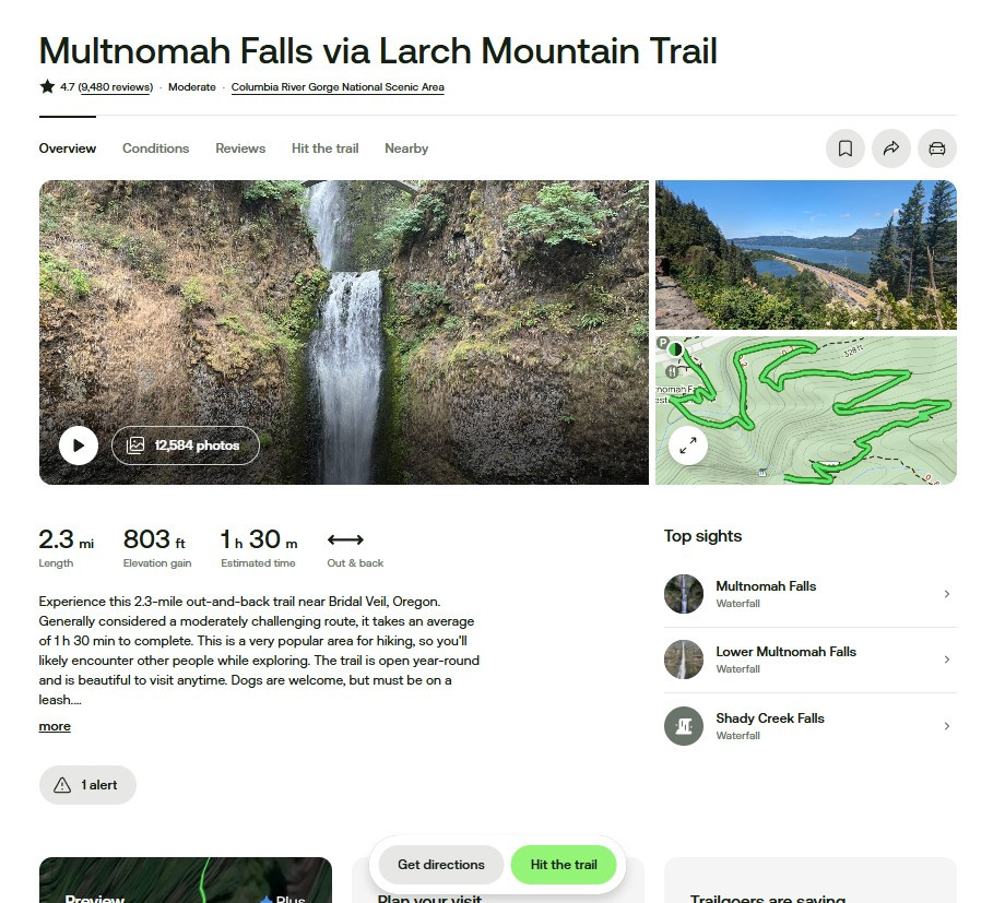 AllTrails listing for a hike to the top of Multnomah Falls